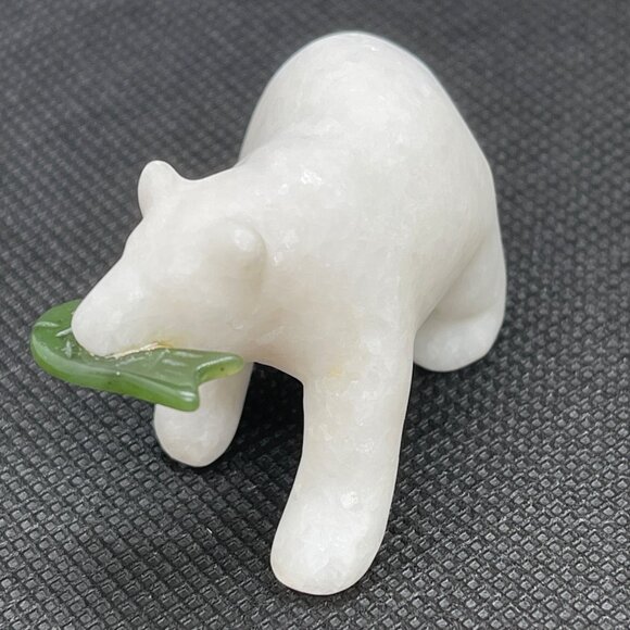 Hand Carved White Star Marble Grizzly Bear Family 3 pc Set Lot Jade Fish COA VTG - Picture 8 of 15